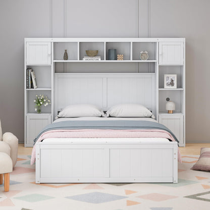 SOFTSEA Full Size Bed with 4 Storage Drawers and All-in-One Cabinet and Shelves, Platform Bed with Storage Headboard for Bedroom, Solid Wood Bed