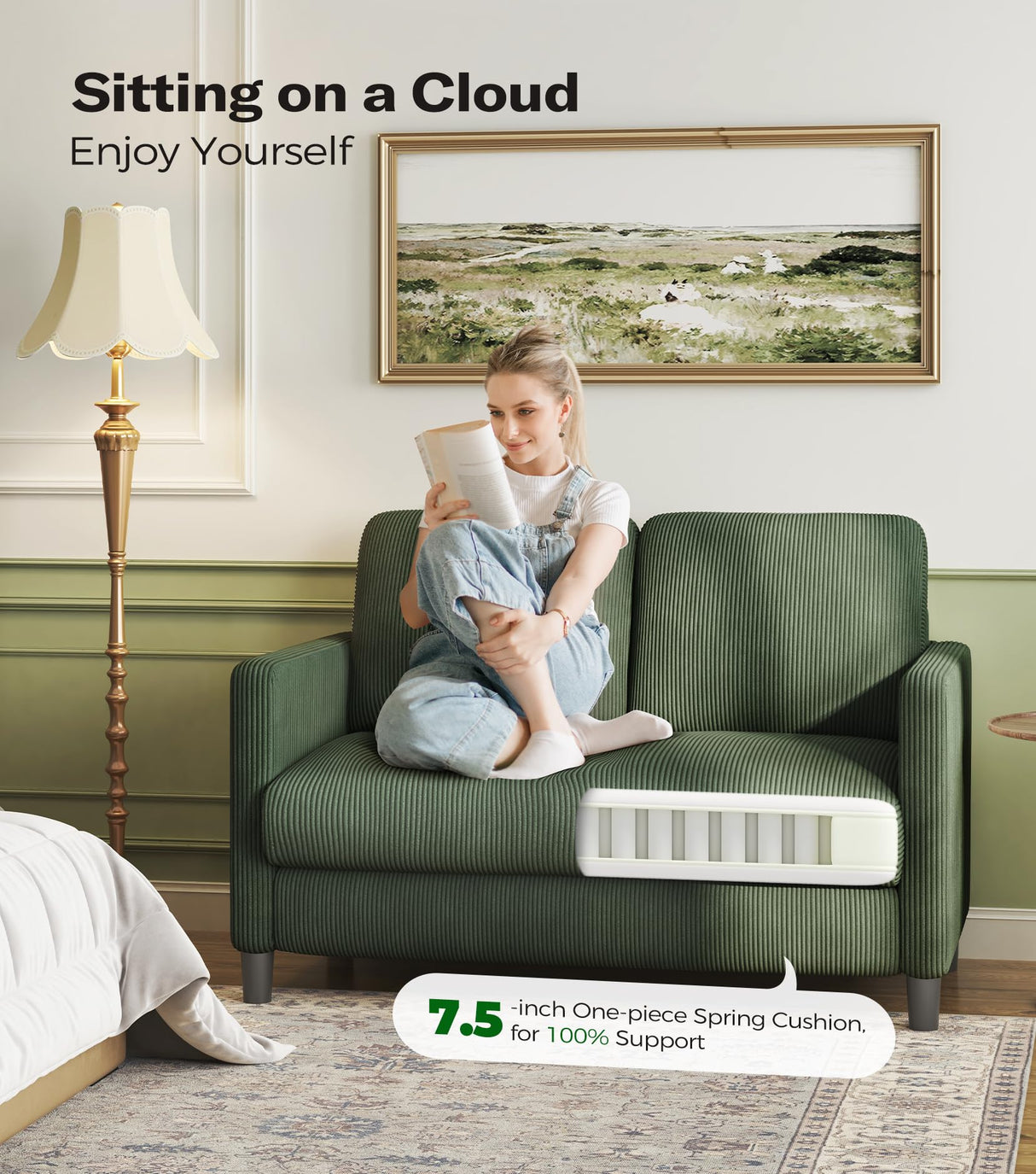 Welzona Loveseat Sofa, 51" Love Seat, Comfy Corduroy Small Loveseat for Small Spaces, Tool-Free Setup Couch for Bedroom, All-Wood Couches for Living Room, No Pillow Included, Green Welzona