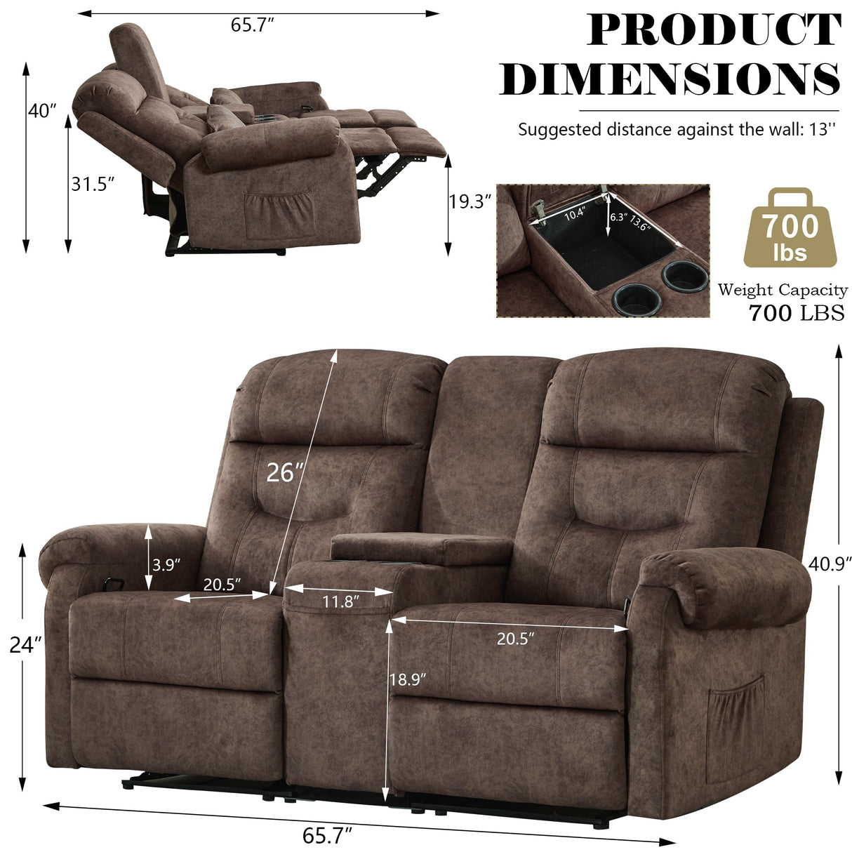DRMBOOK RV Loveseat Recliner Sofa with Console, Velvet Fabric Double Wall Hugger Reclining Couch Manual Home Movie Seating 2 Person Recliner Chair with Cup Holders/Storage/Pocket/Lumbar Pillow, Brown DRMBOOK