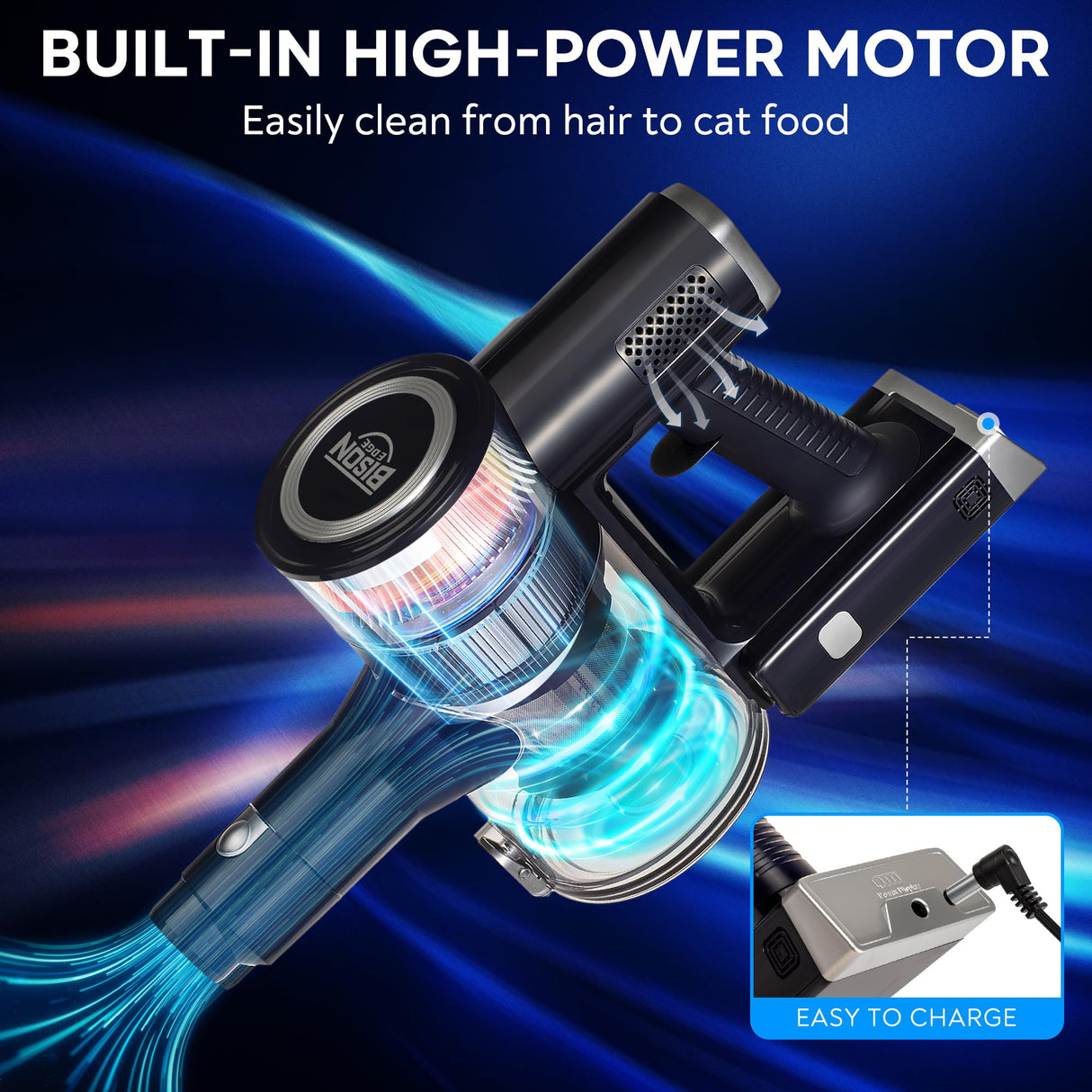 Bison Edge Cordless Vacuum Cleaner, 6-in-1 Powerful Suction with Brushless Motor with a 2500 mAh Battery, 180° Bendable Stick, Lightweight, for Carpet and Hard Floor Bison Edge