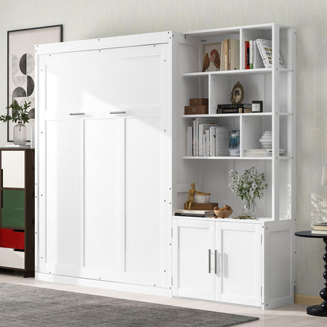 Merax Full Size Murphy Bed, White Wood Wall Bed Cabinet with Multiple Storage Shelves and a Cabinet, White Merax