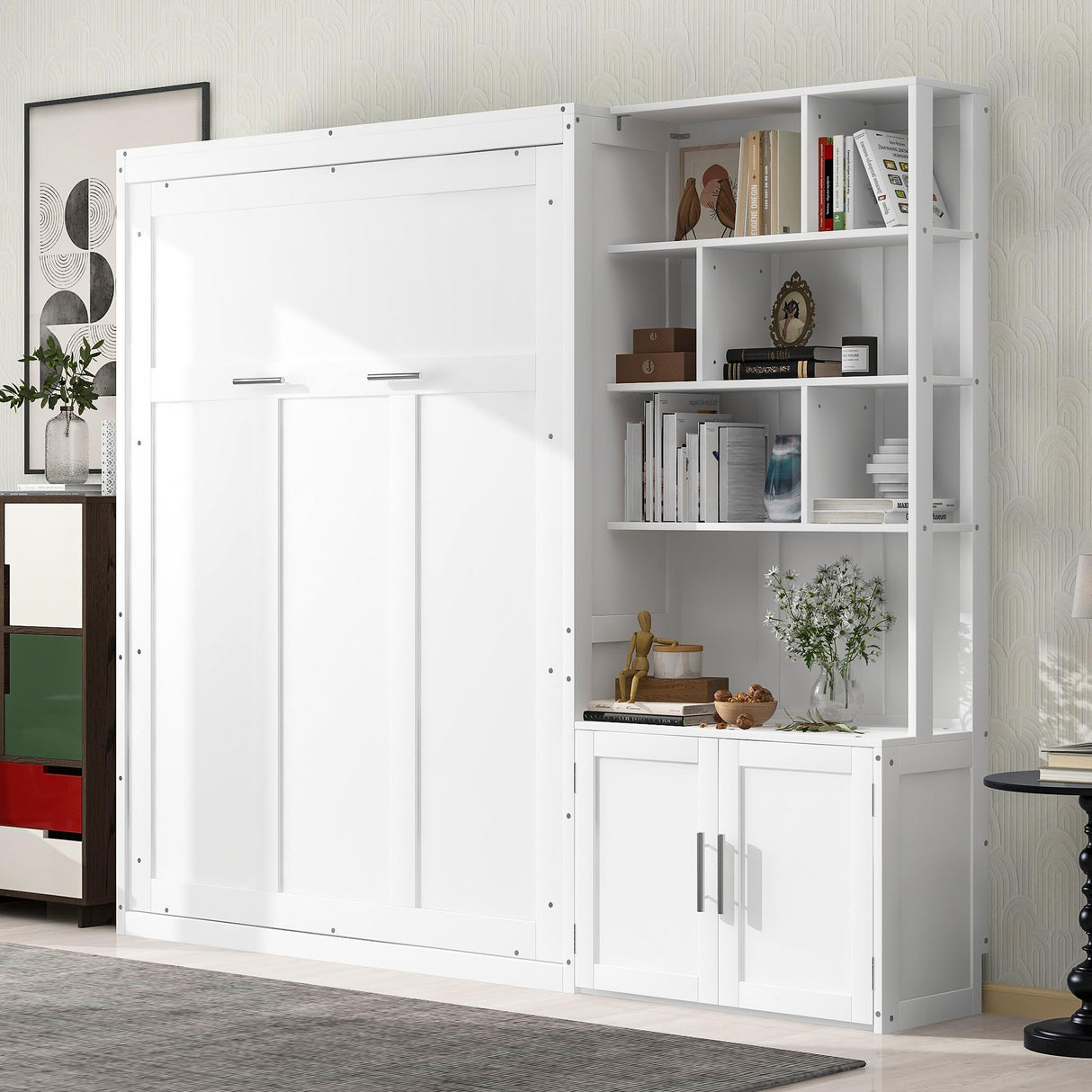 Merax Full Size Murphy Bed, White Wood Wall Bed Cabinet with Multiple Storage Shelves and a Cabinet Merax