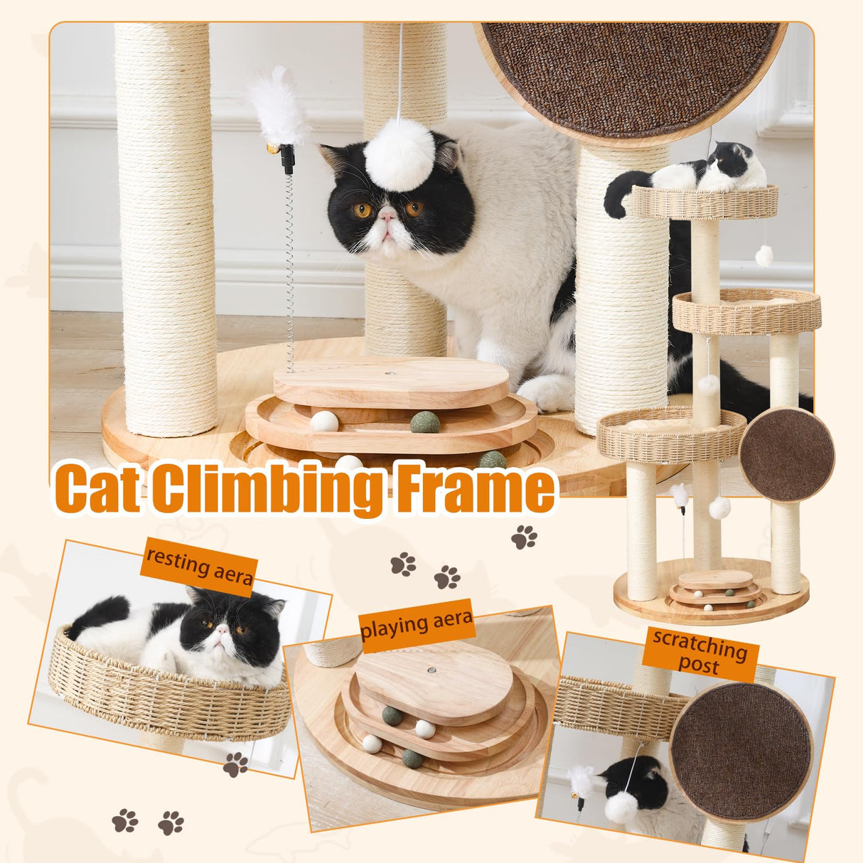 Solid Wood Cat Tree,Modern Cat Tower with Scratching Posts, Hand-Woven Beds & Toys | Heavy-Duty 20lbs Capacity,Indoor Cat Furniture for Big Cats Zonoria Zephyria