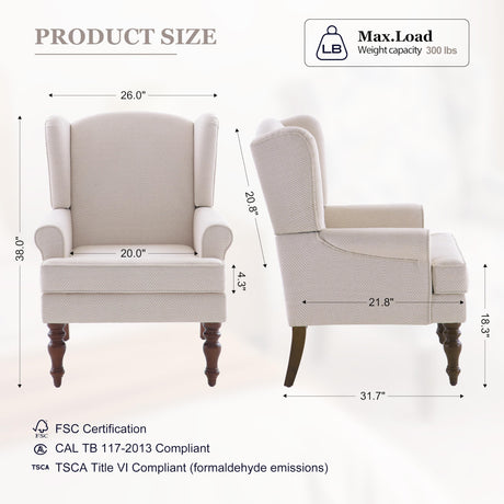 HUIMO Living Room Chair Upholstered High Back Armchair Retro Printed Wingback Chair in Linen for Bedroom & Study Comfy Accent Sofa Chair Reading Chair Holds 300lbs (Navy Blue) (1, Tan with Lines) HUIMO