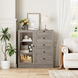 HOSTACK 5 Drawer Dresser with Door, Storage Cabinet with Drawers and Shelves, Wide Wood Dresser, Modern Chest of Drawers Organizers for Living Room, Kitchen, Hallway HOSTACK