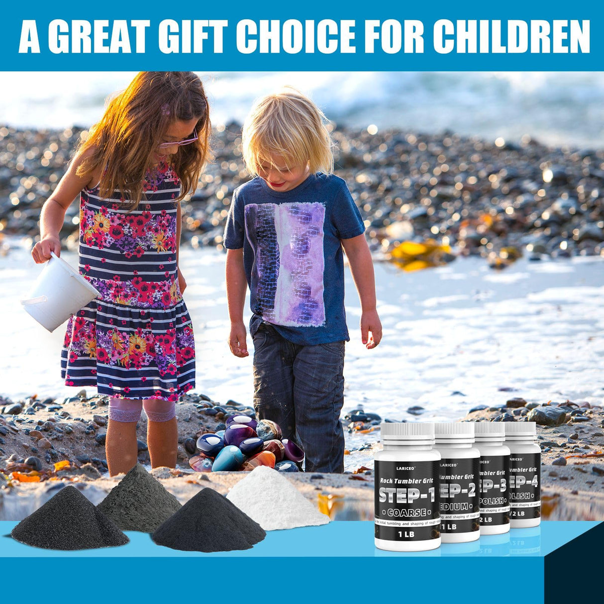 3LB Rock Tumbler Grit and Polish Refill Set, 4-Step Professional Polish Rock Tumbler Grit to Unlock Stunning Polished Stones. Ideal for National Geographic, KomeStone, and Other Polishers and Tumblers LARICEO