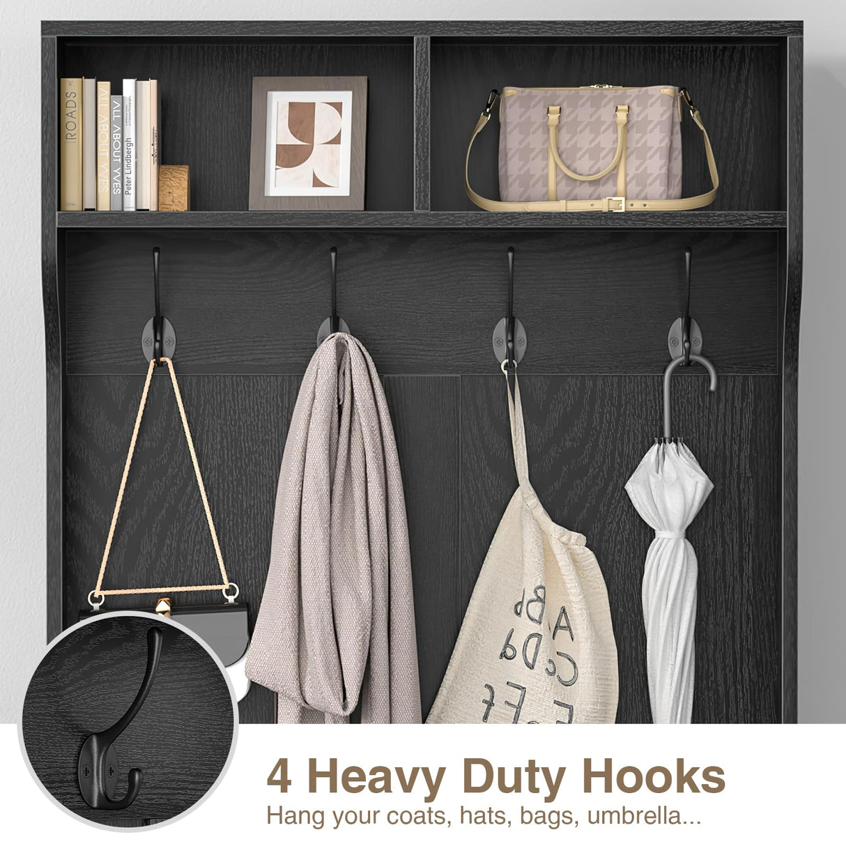 Anmytek Hall Tree with Bench and Shoe Storage, Farmhouse Entryway Bench with Coat Rack, 6 Compartments & 4 Hooks & Rattan Door, Shoe Storage Bench with Soft Cushion for Hallway, Living Room, Black Anmytek