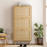 EYYTHUNG Rattan Shoe Cabinet Narrow Shoe Storage Cabinet with 3 Flip Drawers Hidden Freestanding Shoe Rack Organizer with Wood Legs for Entryway Slim, Hallway, Natural Oak EYYTHUNG