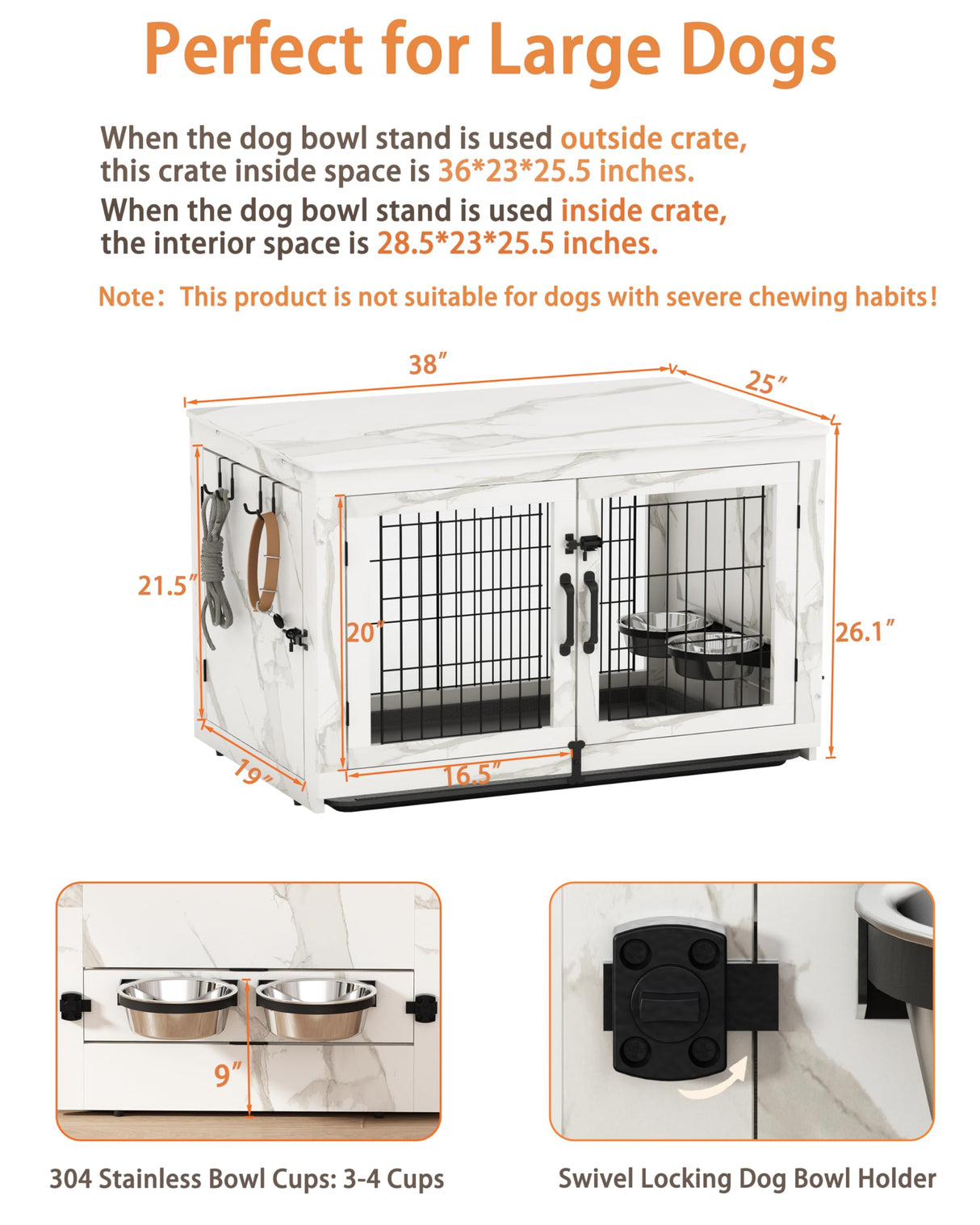 Piskyet Wooden Dog Crate Furniture with 360°Rotatable Removable Dog Bowls, Dog Crate End Table with Tray, Double Doors Dog Kennels forDogs(L:37.7" L*25.1" W*26.1" H, Marble White) Piskyet