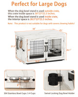 Piskyet Wooden Dog Crate Furniture with 360°Rotatable Removable Dog Bowls, Dog Crate End Table with Tray, Double Doors Dog Kennels forDogs(L:37.7" L*25.1" W*26.1" H, Marble White) Piskyet