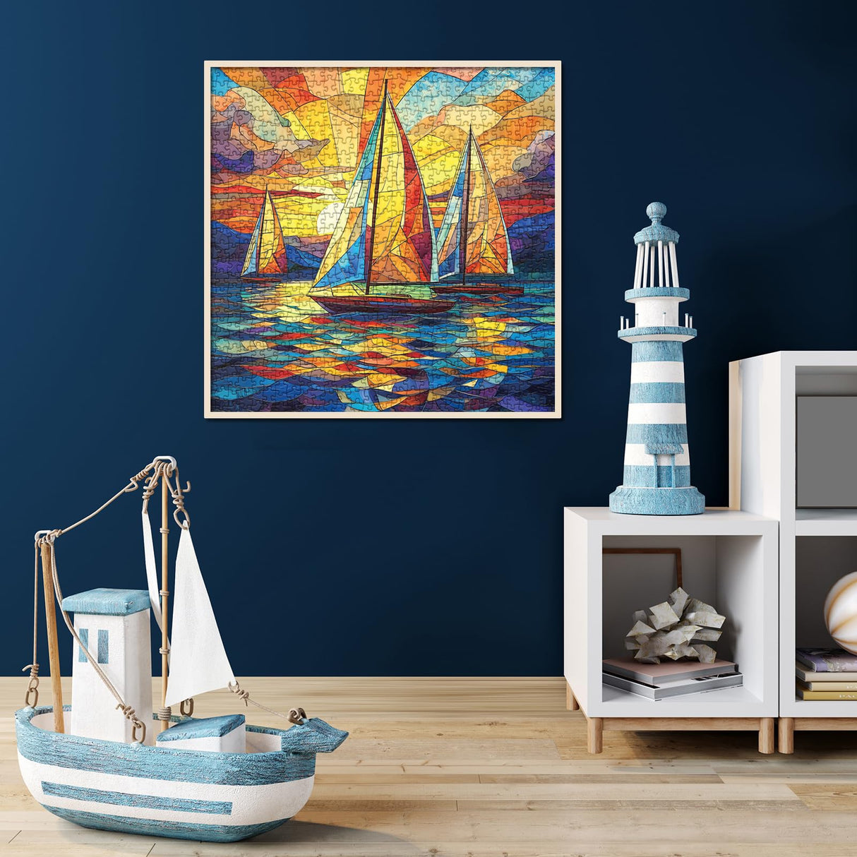 Stained Glass Sailboat Sunset Puzzle for Adults 1000 Pieces, Colorful Landscape Jigsaw Puzzle, Ocean Sea Ship Challenging Puzzle BBOLDIN