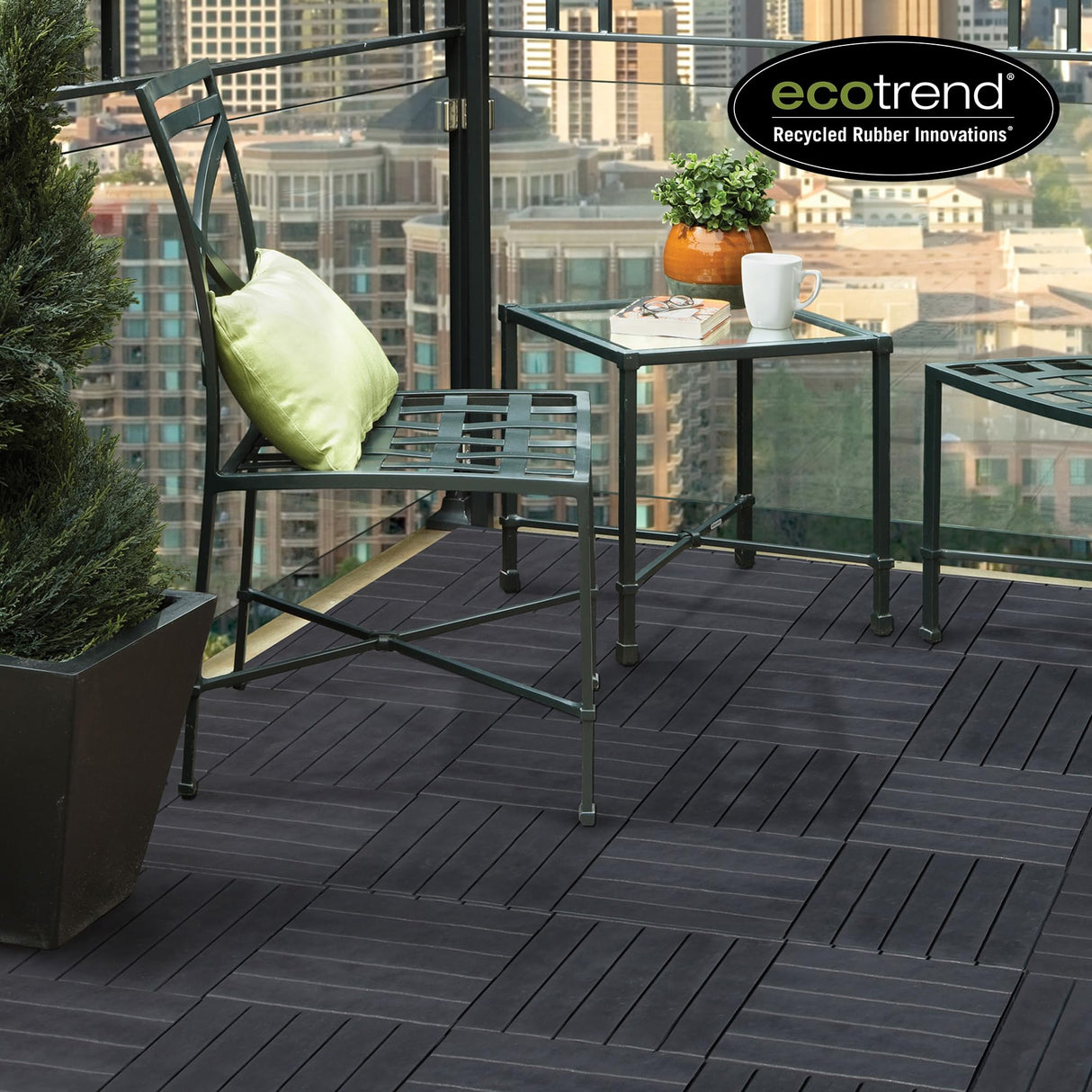 EcoTrend 24-Pack 12”x12” Interlocking Deck Floor Tiles, Slate Black – Rubber & Plastic Outdoor Flooring for Patio, Porch, Balcony, Pool Area, Garden, Garage or Backyard – Modular Decking Grid Panels Multy Home