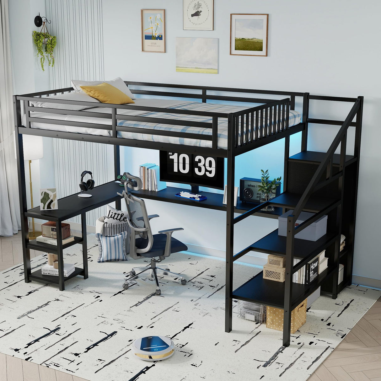Queen Size Loft Bed with Desk and Stairs, Gaming Loft Bed with RGB LED Light and Storage, Heavy-Duty Metal Loft Beds Frame with Wardrobe, Shelves and Charging Station for Adults Kids Teens, Black Mirightone