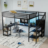 Queen Size Loft Bed with Desk and Stairs, Gaming Loft Bed with RGB LED Light and Storage, Heavy-Duty Metal Loft Beds Frame with Wardrobe, Shelves and Charging Station for Adults Kids Teens, Black Mirightone
