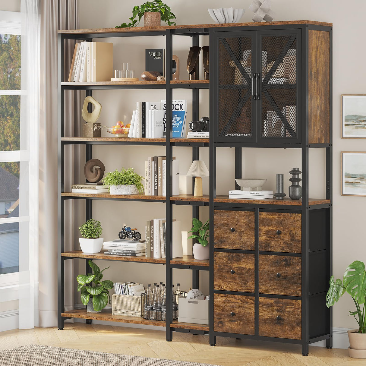 HAUOMS Corner Bookshelf, 6 Tier Industrial Convertible Bookshelf with 6 Fabric Drawers, Corner Bookcase Large L Shaped Storage Display Shelf for Home Office, Living Room, Kitchen, Rustic Brown HAUOMS