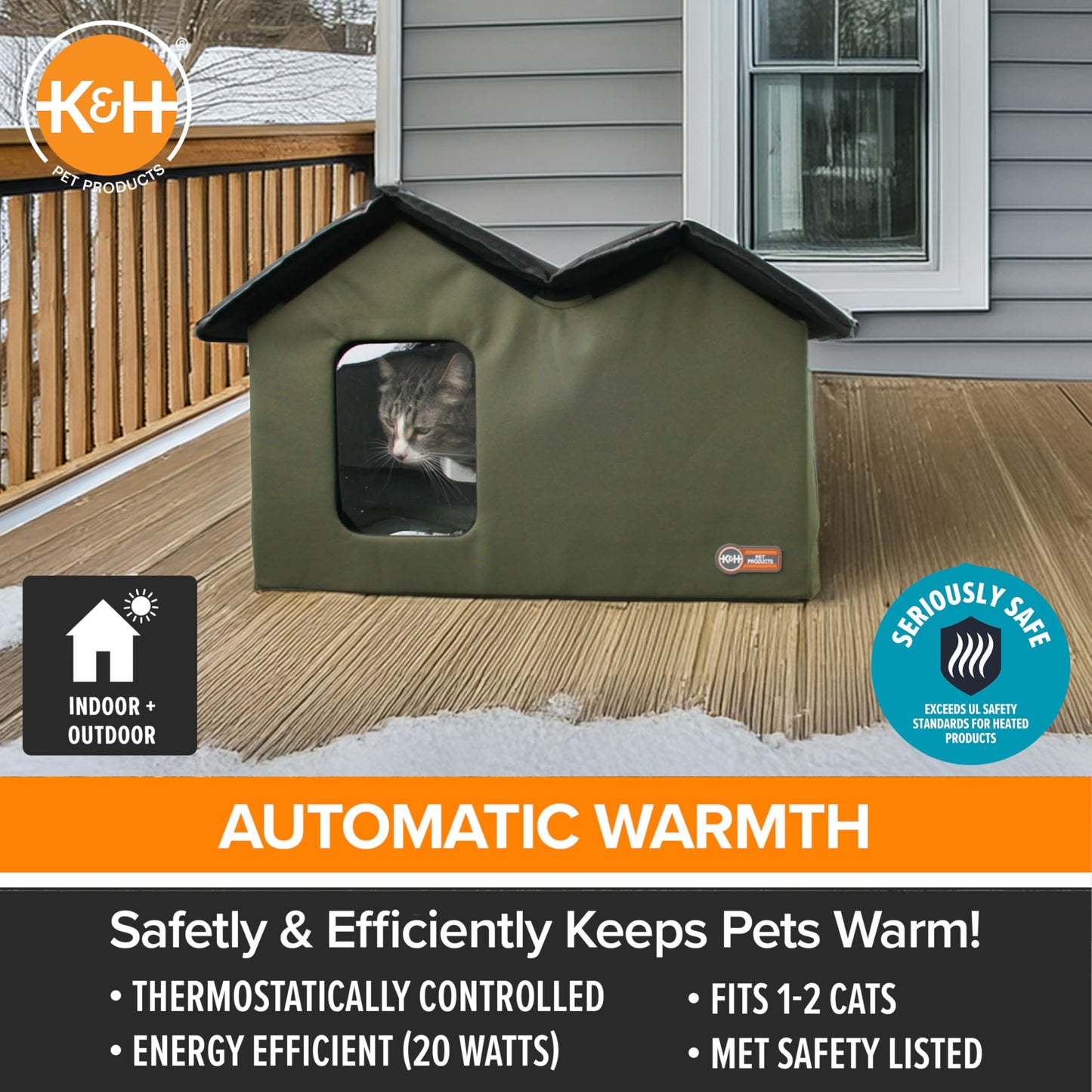 K&H Pet Products Heated Outdoor Cat House Extra-Wide Winter Shelter for Ferals - Cat House for Outdoor Cats, Heated Kitty House for Outside Weatherproof Insulated Protection 26.5" X 21.5" X 15.5"