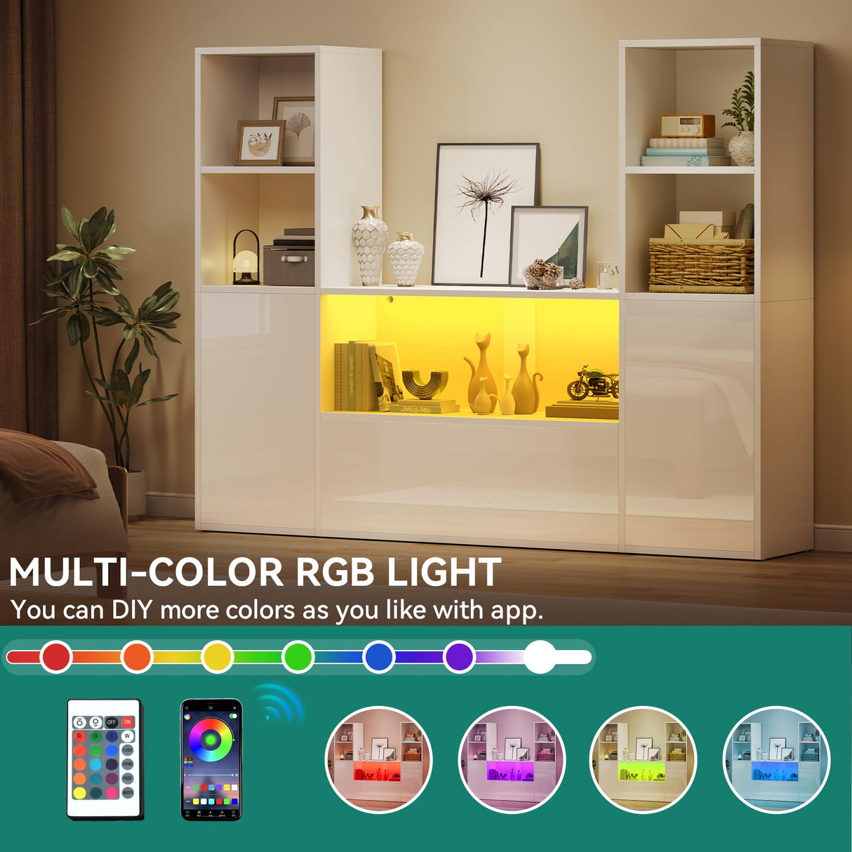 YITAHOME Castle Bookcase with Storage & Adjustable LED Lights, U-Shaped White Bookshelf with Cabinet, UV High-Gloss Display Unit, Cube Organizer for Living Room, Home Office and Bedroom YITAHOME