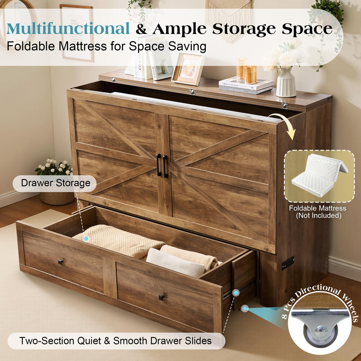 LUXOAK Queen Murphy Bed with Storage and Charging Station, Farmhouse Cabinet Bed, Noise-Free, for Guest Room, Apartment, or Office, Barnwood LUXOAK