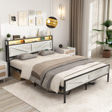 Halitaa Queen Size Bed Frame with LED Lights and Charging Station in Antique White Halitaa