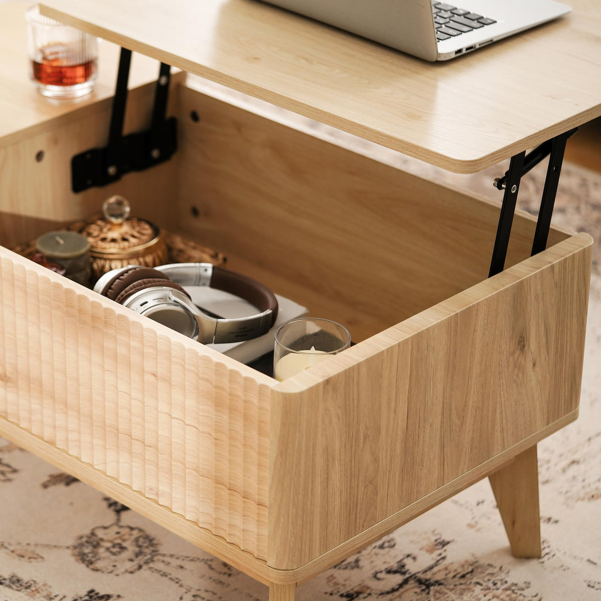LYNCOHOME Fluted Lift Top Coffee Table with Hidden Compartment, Modern Center Table for Living Room, Home Office, Natural LYNCOHOME