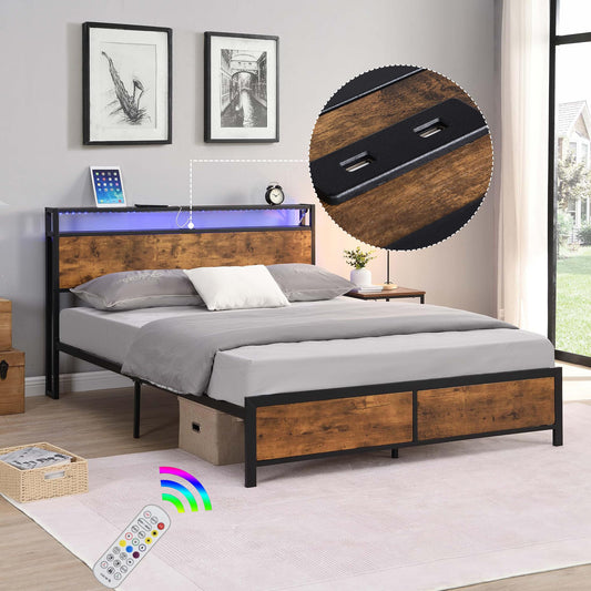 Industrial Full Bed Frame with LED Lights, USB Ports, and Under-Bed Storage in Brown - WoodArtSupply