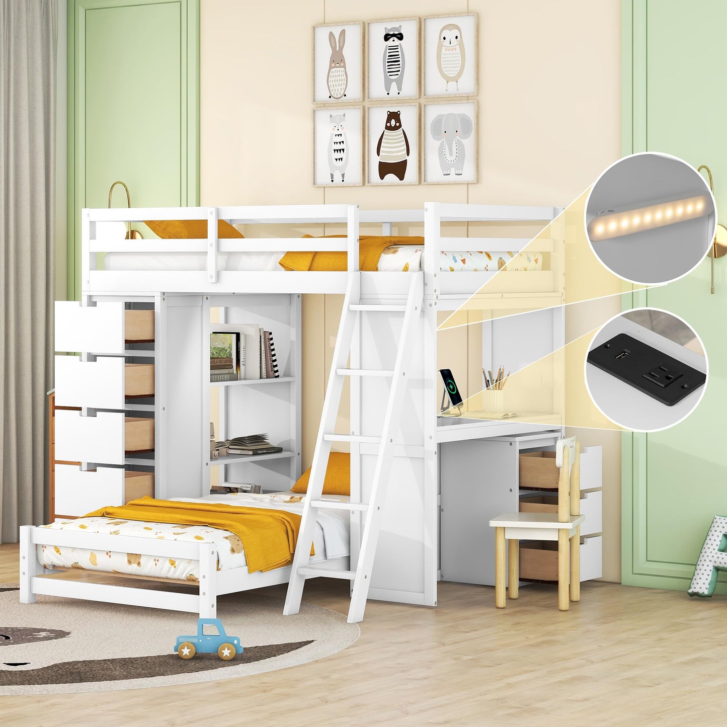 Versatile Twin Over Twin Bunk Bed with LED Light, USB Ports and Storage Solutions in White - WoodArtSupply