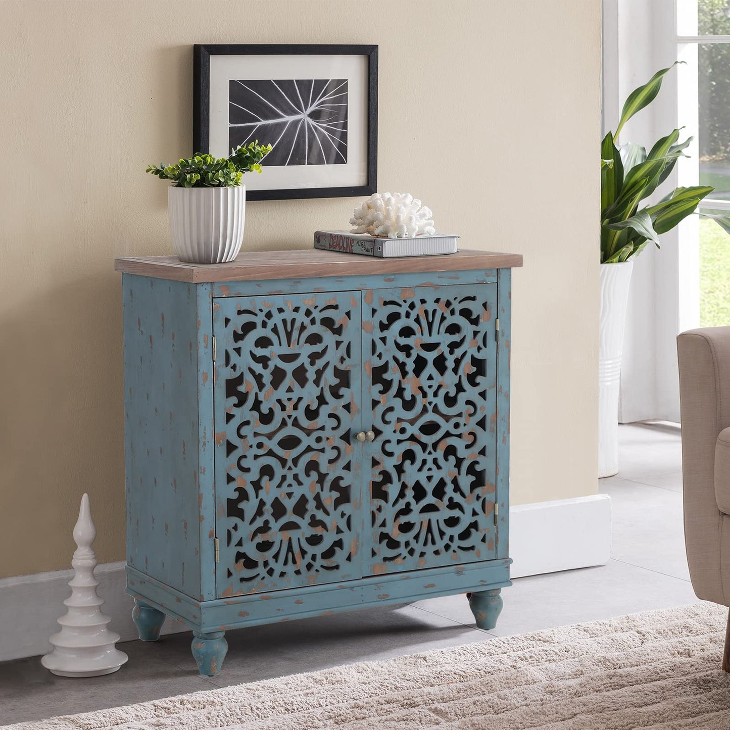 Sophia & William Accent Cabinet with 2 Doors, Distressed Storage Cabinet with Wood Frame and Hollow-Carved Door for Entryway Living Room, Blue