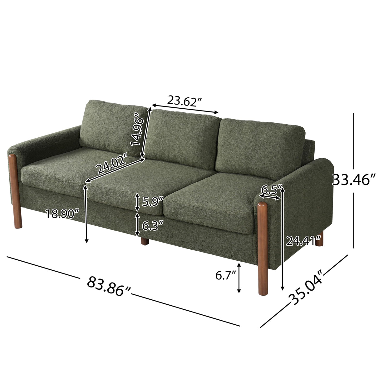 Merax 83.86" 3-Seater Sofa, Curved Armrest with Integrated Solid Wood Legs, Teddy Velvet Fabric, High Weight Capacity (250 lbs/seat), Durable Solid Wood Frame,Green Merax