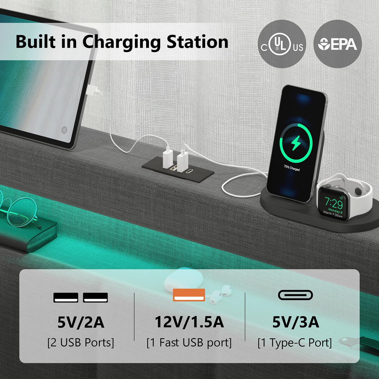 CSZZD Dark Grey Queen Bed Frame with LED Lights, Charging Station & 4 Storage Drawers CSZZD