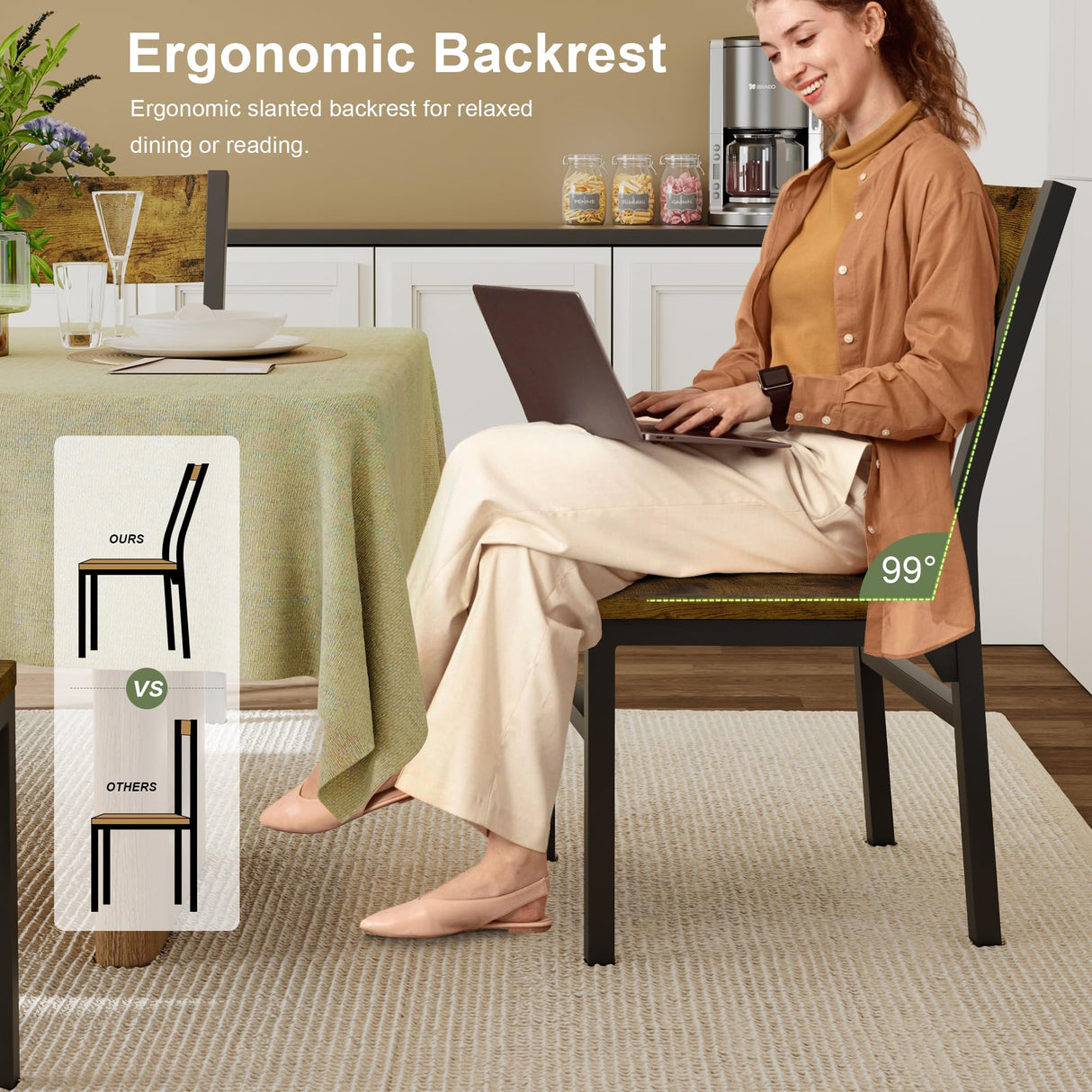 Feonase Dining Chairs Set of 6, Modern Kitchen Chairs with Ergonomic Backrest, MDF Board and Metal Legs, Dinner Chairs for Dining Room, Kitchen and Living Room, Rustic Brown Feonase