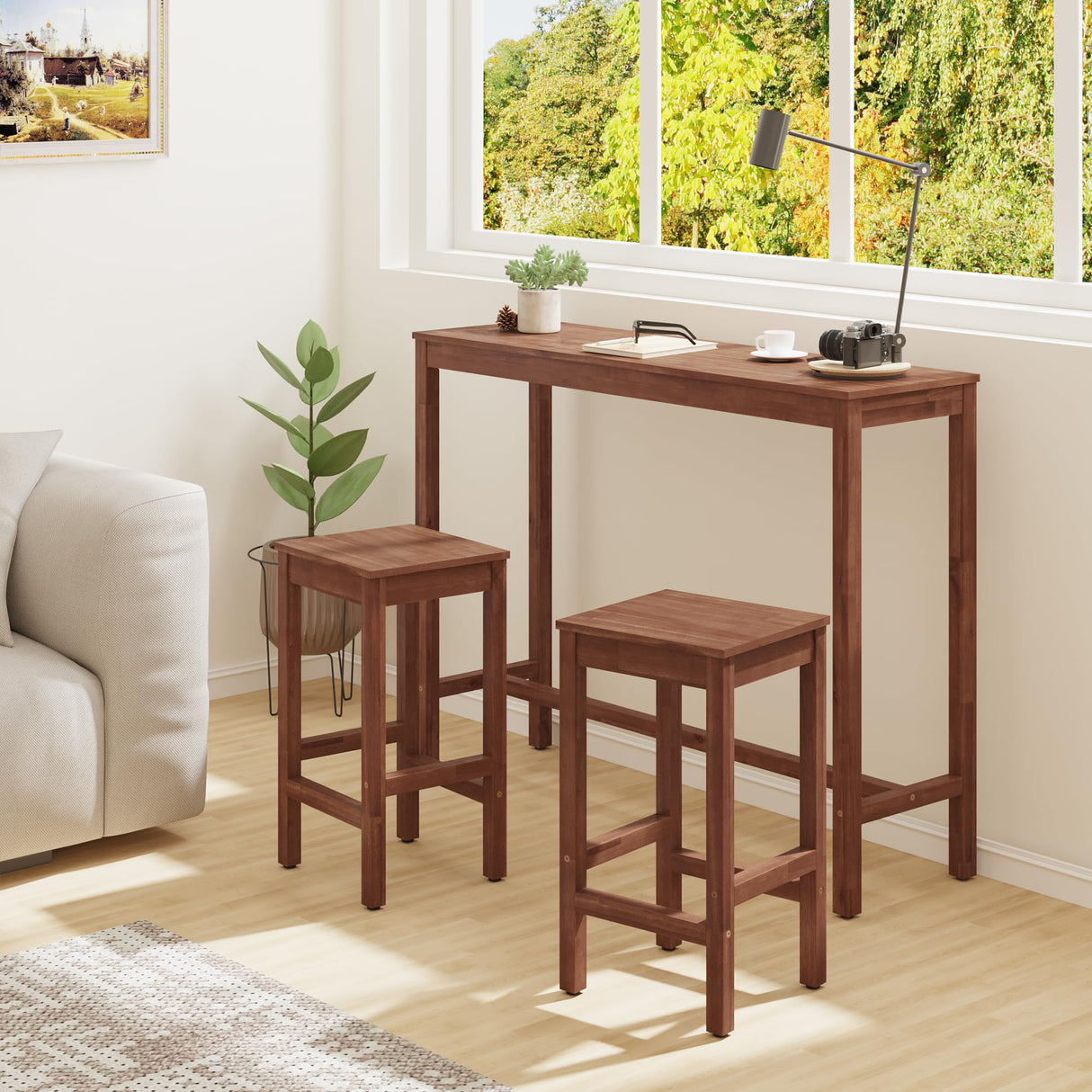 Cozyman 53 inch Bar Table and Chairs Set, Acacia Wood Pub Table with 2 Stools, Rectangular Counter Height Table Set for Dining Room, Kitchen, Living Room, Teak Brown Cozyman