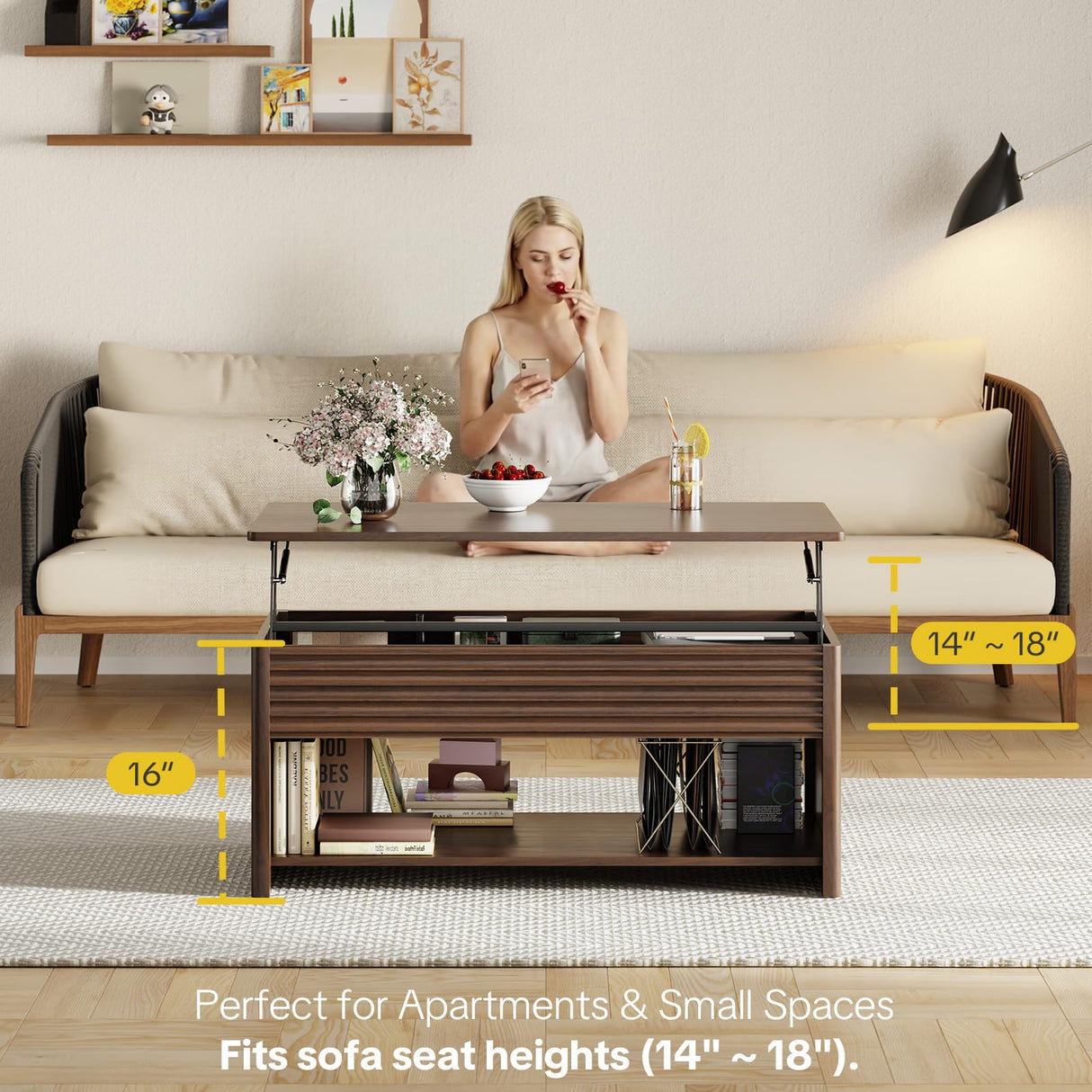 Fluted Lift Top Coffee Table for Living Room, Small Coffee Table with Storage Hydraulic Lift Large Capacity, Sturdy Legs Safe Round Corner, Easy Assembly for Small Spaces, Horizontal Grain-Brown RUMBALUXY