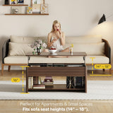 Fluted Lift Top Coffee Table for Living Room, Small Coffee Table with Storage Hydraulic Lift Large Capacity, Sturdy Legs Safe Round Corner, Easy Assembly for Small Spaces, Horizontal Grain-Brown RUMBALUXY