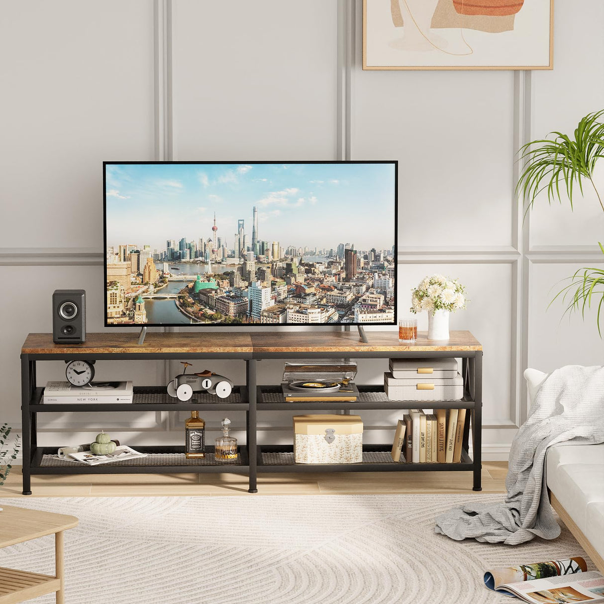 Katrawu TV Stand for TV up to 70 Inch, Long 63" TV Cabinet with 3-Tier Storage Shelves,Entertainment Center TV Console Table for Living Room with Industrial TV Metal Frame, Rustic Brown Katrawu