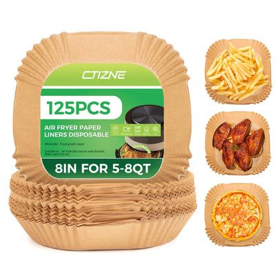 Air Fryer Disposable Paper Liners - 125Pcs 8In Square Parchment Paper Non-Stick Airfryer Basket Liners for Steamer Microwave Oven