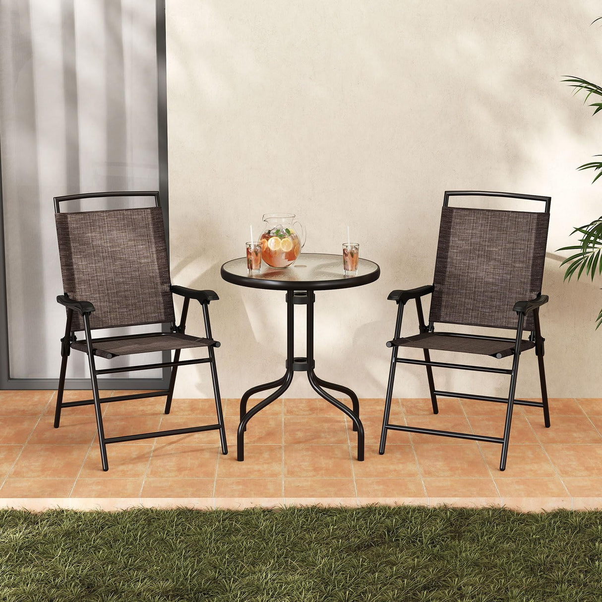 Goplus Bistro Table and Chairs Set of 2, Outdoor 3 Piece Patio Bistro Set with 1.57” Umbrella Hole, Tempered Glass Tabletop, 2 Folding Chairs, Small Patio Furniture Dining Set for Garden, Balcony Goplus