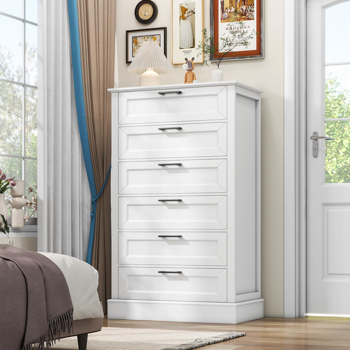 White 6 Drawer Dresser, 55 Inch Tall White Dresser for Bedroom, Modern Farmhouse Style Chest of Drawers for Bedroom Living Room, Wood Rustic Tall Dresser, Organizer for Closet, Living Room, Hallway ZLWJGY