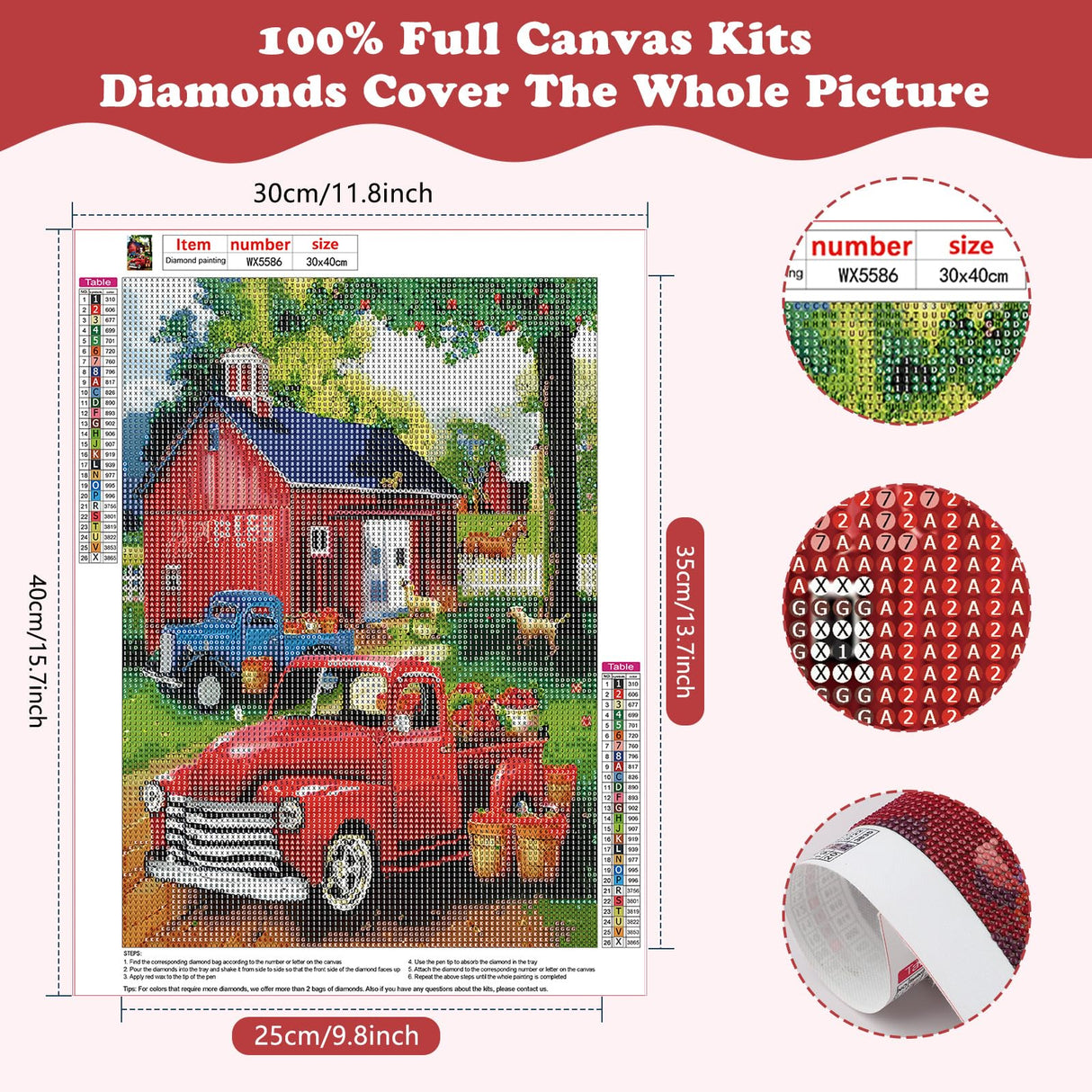 SENQAO Red Truck Diamond Painting Kits for Adults - Full Drill Diamond Dots Paintings for Beginners, Round 5D Paint with Diamonds Pictures Gem Art Painting Kits DIY Adult Crafts Kits 12x16inch SENQAO