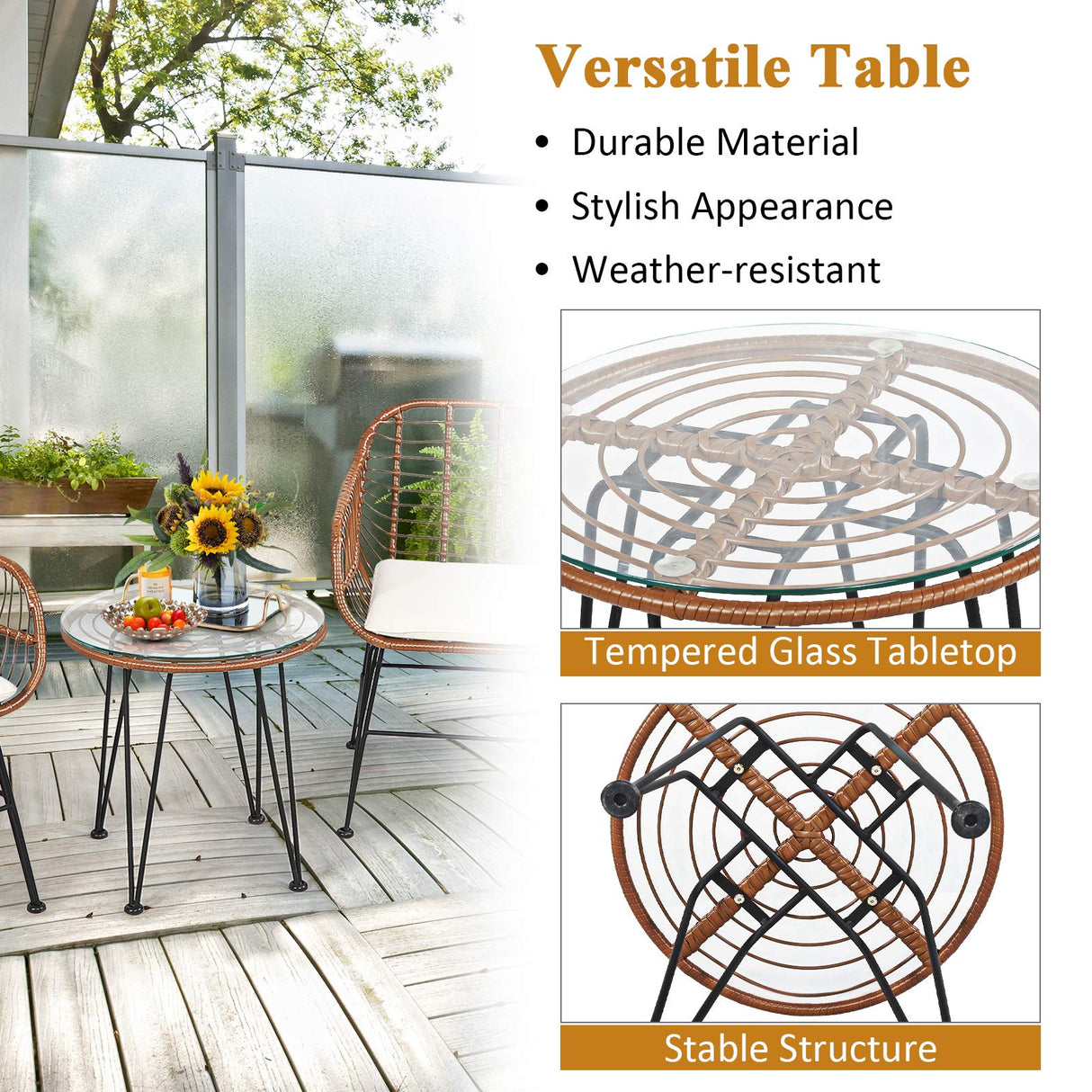 Tangkula 3 Pieces Patio Conversation Bistro Set, Outdoor Wicker Furniture w/Round Tempered Glass Top Table & 2 Rattan Armchairs, Bistro Chat Set w/Seat Cushions for Porch, Backyard, Garden Tangkula