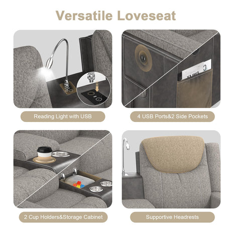 Dresegmt Loveseat Recliner, Manual Reclining Loveseat Sofa with Reading Light, Chic Blend Style Sofa, Storage Console, Cup Holders, USB Ports, Fabric & PU Leather, Recliner Couch for Living Room/RV Dresegmt