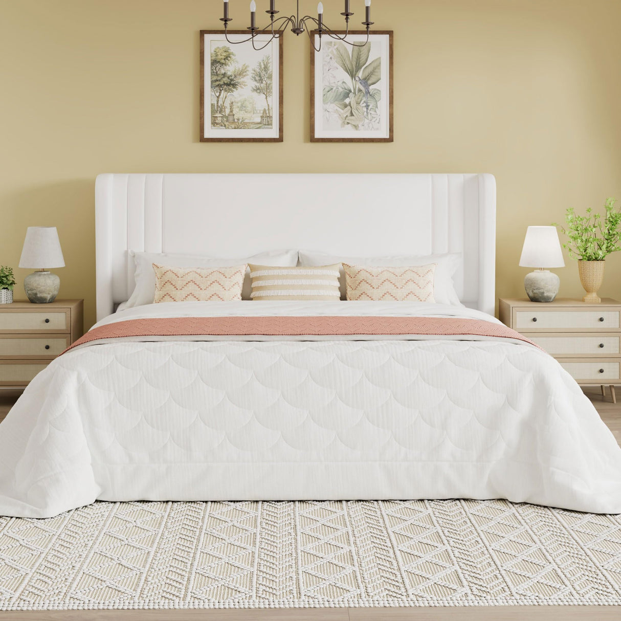 SHA CERLIN King Size Velvet Upholstered Platform Bed Frame with Vertical Channel Tufted Wingback Headboard, Wooden Slats Support, Easy Assembly, Under Bed Storage, No Box Spring Required, White SHA CERLIN