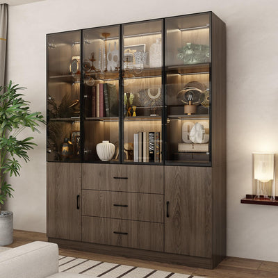 Homsee 63”W Storage Display Cabinet Curio Cabinet with Light & Pop-up Glass Doors, Bookcase with 5-Tier Shelves & 3 Drawers for Living Room/Home Office, Dark Brown (63”W x 15.7”D x 78.7”H)