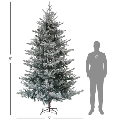 HOMCOM 9ft Nordic Pine Artificial Christmas Tree with 1939 Snow Flocked Tips, Foldable Metal Stand, Easy Assembly, Hinged Xmas Tree for Home Office Holiday