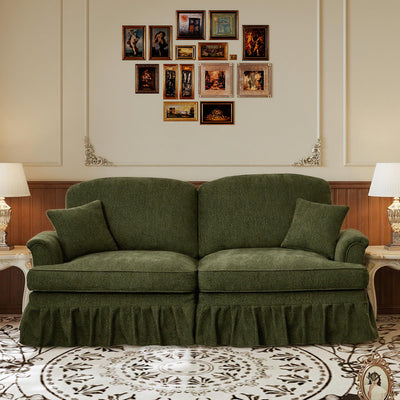 HMHKHN 76" Chenille Loveseat Sofa for Living Room, Traditional Style Sofa with Detachable Ruffled Skirt, Flared Arms, Spindle Legs, Love Seat Couches for Apartment (Green)