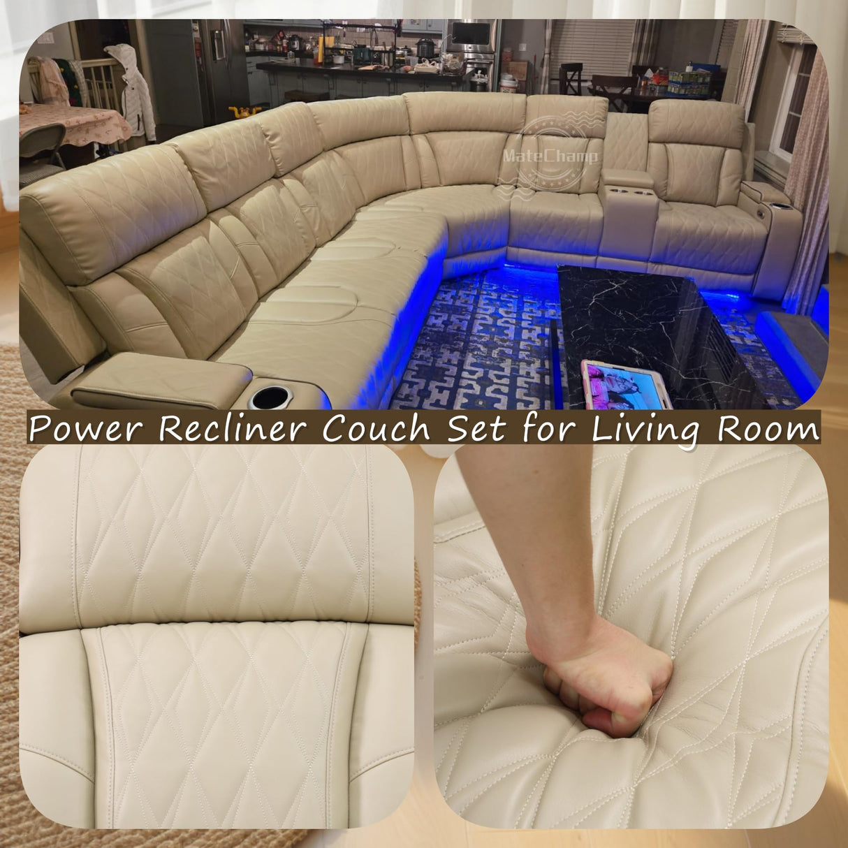 Power Leather Reclining Sofa with LED, Recliner Sectional Couch for Living Room, Reclining Couches with Reading lamp/Wireless Charging/Hide-Away Storage (Beige, Sectional) Pon Living Furniture Inc