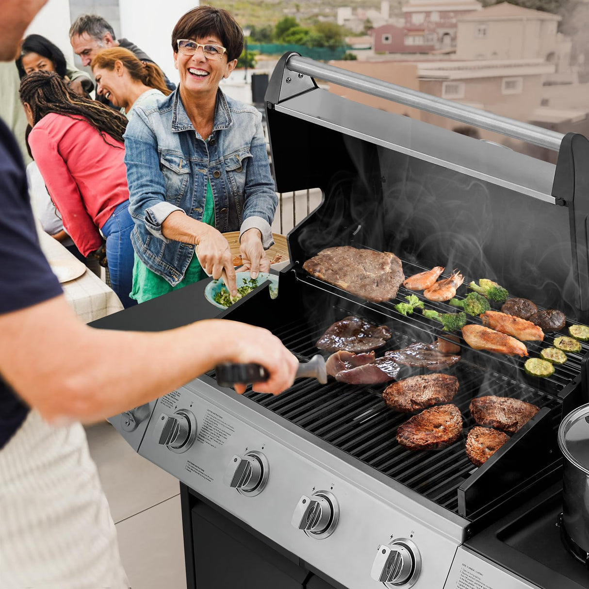 Lyromix Large Propane Grill with 4-Burners and Side Burner, Outdoor Gas BBQ Grill with Porcelain-Enameled Cast Iron Grates, 517 SQ.in. Cooking Area, 49200 BTU Lyromix