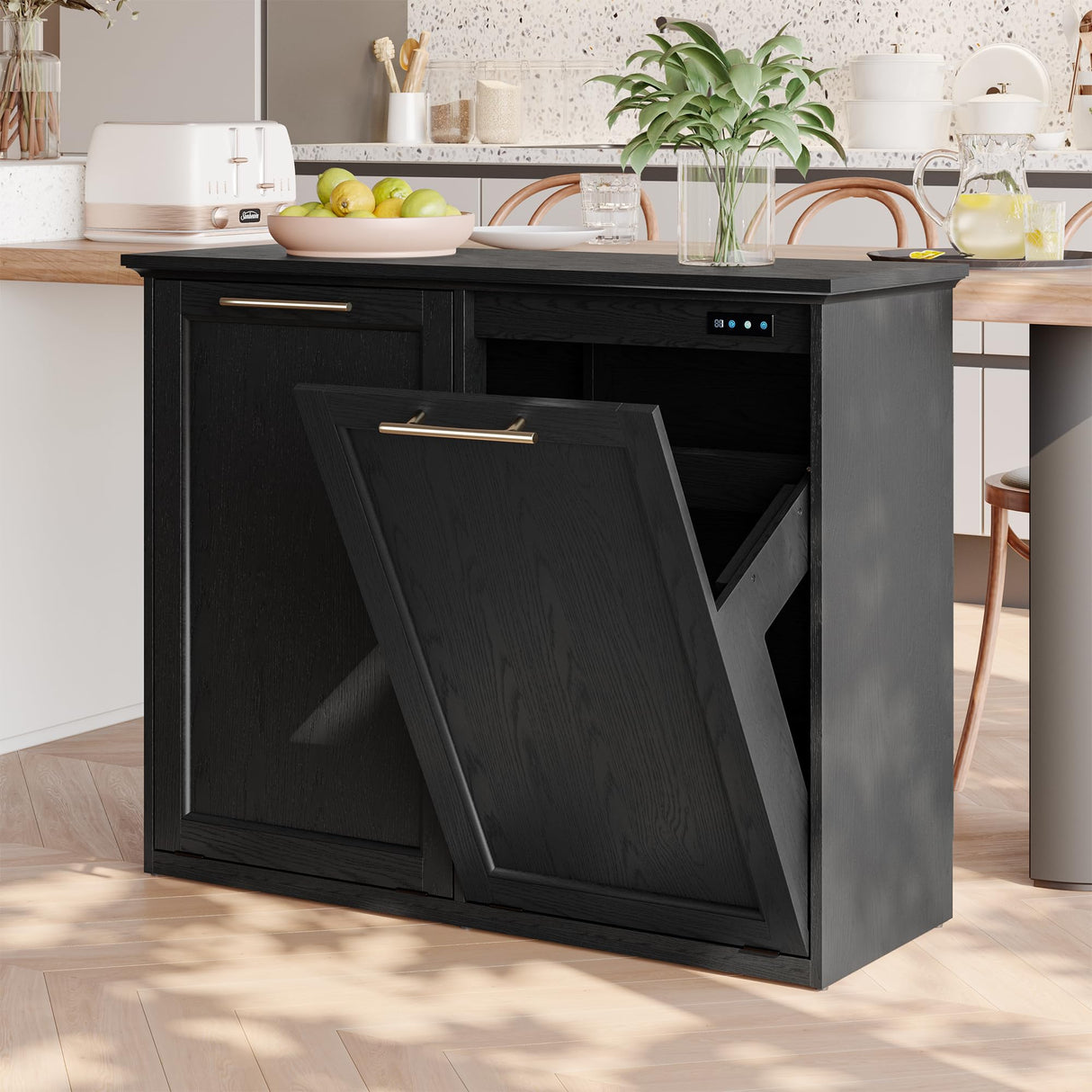 XM-ICE Tilt Out Trash Cabinet with Quick Installation and Deodorising Function, Wooden Trash Kichen Cabinet Holds Up to 2x13 Gallons Bins, Freestanding Trash Cabinet, Black XM-ICE