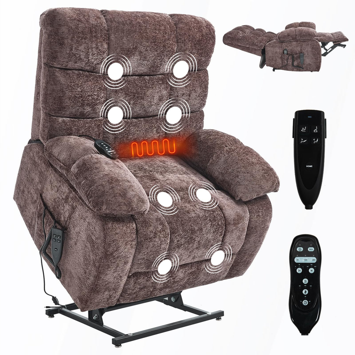 EZZUP Lay Flat Recliner with Vibration Massage and Lumbar Heating, 26" Wide Recliner with Infinite Position and 2 Remote Controls, Soft Chenille Lift Chair for Living Room, Chocolate EZZUP