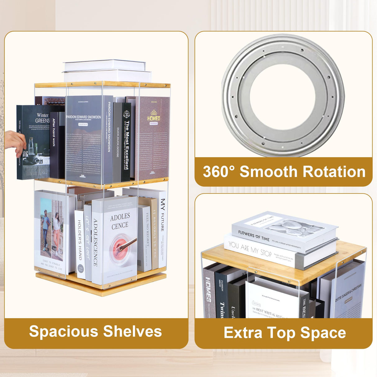 Qriocioa 360° Rotating Acrylic Bookshelf - Stylish 2-Tier Corner Storage Rack for Home and Playroom Qriocioa