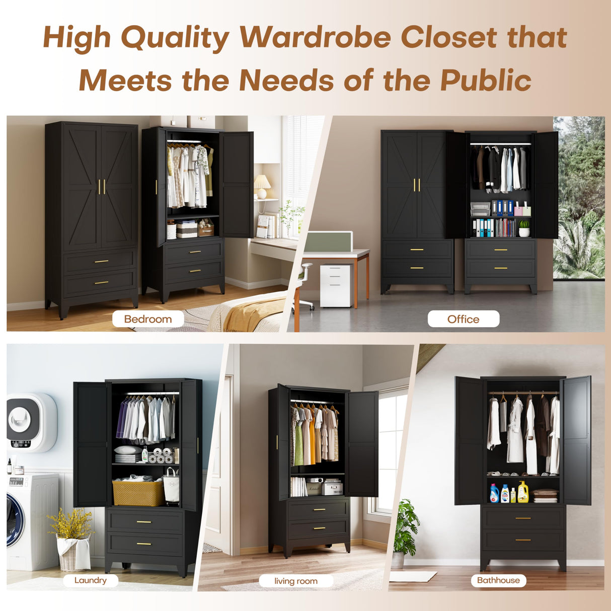 FIRMET Metal Wardrobe Closet Cabinet with Drawers,71" H Large Bedroom Armoires with Shelves and Hanging Rod,Wardrobe Storage Cabinet with 2 Doors, 1 Adjustable Shelf and 2 Drawers FIRMET